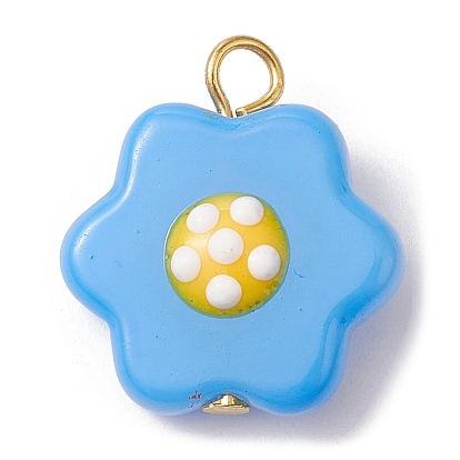Glass Enamel Pendants, with 304 Stainless Steel Loops, Flower Charms