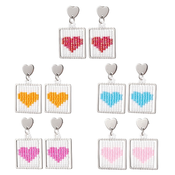 Серьги-гвоздики с подвесками в форме сердца из квадратного стеклянного бисера ручной работы, цвет нержавеющей стали