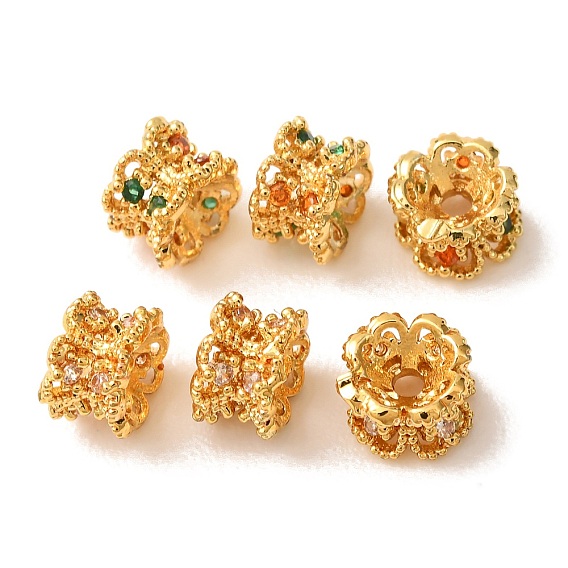 Brass Micro Pave Cubic Zirconia Beads, Flower, Long-Lasting Plated, Rack Plating, Golden