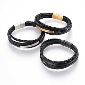 Braided Microfiber PU Leather Cord Multi-strand Bracelets, with 304 Stainless Steel Magnetic Clasps