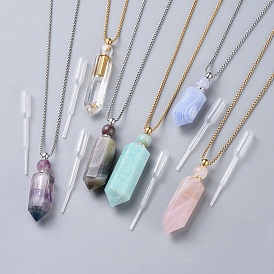 Natural Gemstone Perfume Bottle Pendant Necklaces, with Stainless Steel Box Chain and Plastic Dropper, Hexagonal Prism