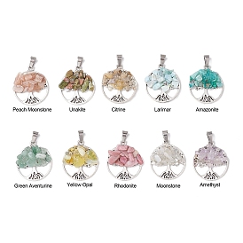 10Pcs 10 Styles Natural Mixed Gemstone Chip Pendants, Tree of Life Alloy Charms, Platinum