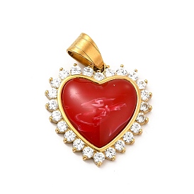 304 Stainless Steel Pendants, with Crystal Rhinestone and Red Plastic, Heart Charms
