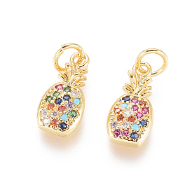 Brass Micro Pave Cubic Zirconia Pendants, with Jump Rings, Long-Lasting Plated, Pineapple, Colorful