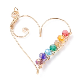 Wire Wrapped Glass Pendants, with Brass Findings, Heart Charms, Light Gold