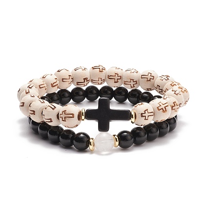2Pcs 2 Style Natural & Synthetic Mixed Stone Cross Stretch Bracelet Sets with Wood Beaded for Women