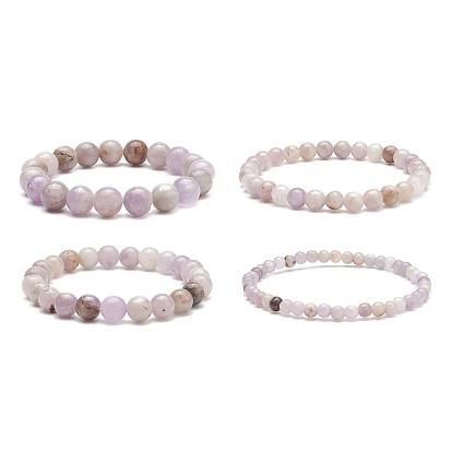 4Pcs 4 Size Natural Lavender Amethyst Round Beaded Stretch Bracelets Set, Gemstone Jewelry for Women