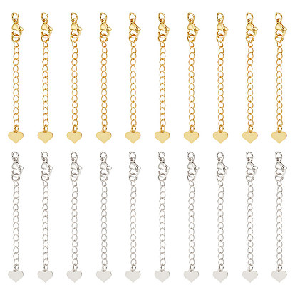 20шт 2 цвета латунный удлинитель цепи пандуса, концевые цепочки с застежками-карабинами и петлями в виде сердечек, без кадмия, без никеля и без свинца, долговечный