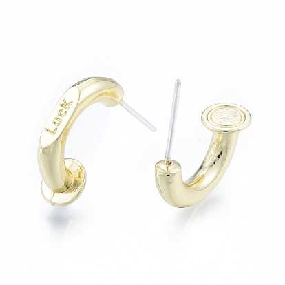 Rack Plating Alloy Stud Earrings Findings, Earring Pads, C-shape with Word Luck, Cadmium Free & Nickel Free & Lead Free