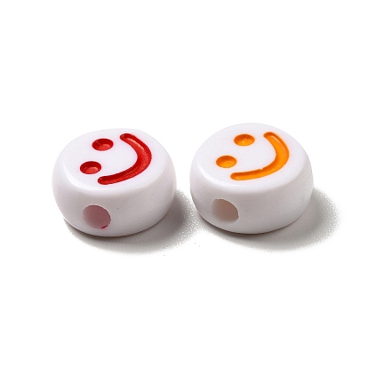 Opaque Acrylic Beads, Flat Round with Smiling Face Pattern