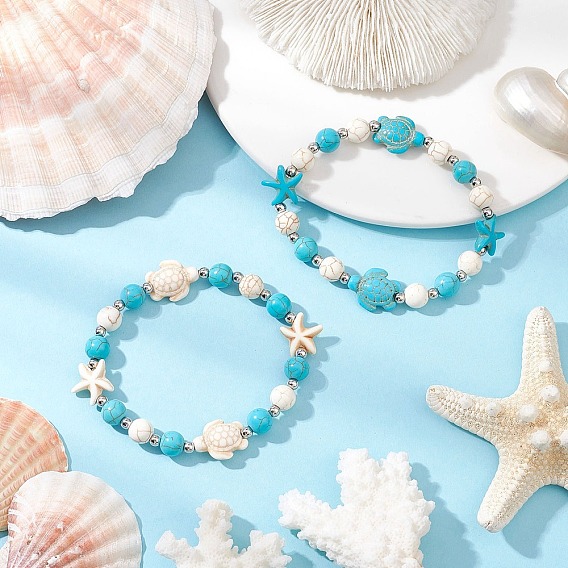 2шт. синтетические бирюзовые браслеты с бусинами, черепаха и морская звезда, с синтетическими магнезитовыми бусинами