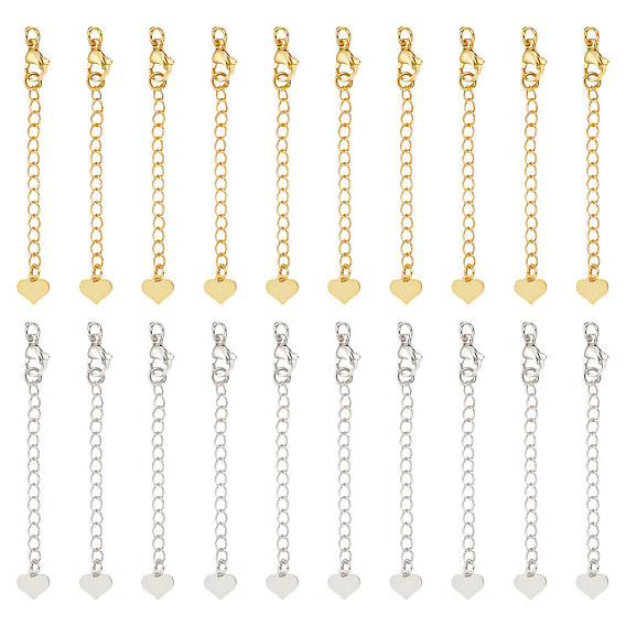 20шт 2 цвета латунный удлинитель цепи пандуса, концевые цепочки с застежками-карабинами и петлями в виде сердечек, без кадмия, без никеля и без свинца, долговечный