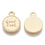 Brass Charms, Nickel Free, Flat Round with Word Good Luck