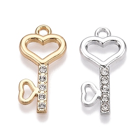 Rack Plating Alloy Pendants, with Rhinestone, Heart Key