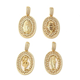 Rack Plating Brass Micro Pave Clear Cubic Zirconia Pendants, Cadmium Free & Lead Free, Long-Lasting Plated, Oval, Real 18K Gold Plated