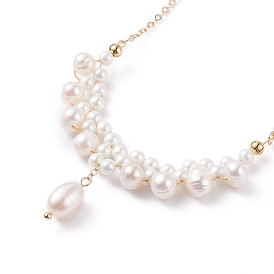Shell Pearl Braided Pendant Necklace, Brass Wire Wrap Jewelry for Women