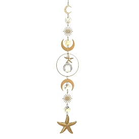 304 Stainless Steel Starfish Hanging Suncatcher, Brass Moon Sun and Glass Round Charms for Window Prism Wall Decor