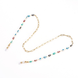 Eyeglasses Chains, Neck Strap for Eyeglasses, with Brass Enamel Evil Eye Links, Paperclip Chains and Rubber Loop Ends, Golden