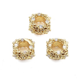 Brass Micro Pave Cubic Zirconia European Beads, Large Hole Beads, Long-Lasting Plated, Cadmium Free & Lead Free, Rondelle with Flower