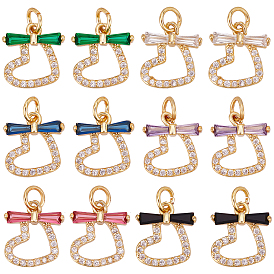 SUPERFINDINGS 12Pcs 6 Colors Rack Plating Brass Micro Pave Cubic Zirconia Charms, Real 18K Gold Plated, Heart