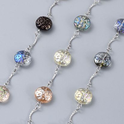 Handmade Electroplated Glass Beaded Chains, with 304 Stainless Steel Finding, Flat Round, Unwelded