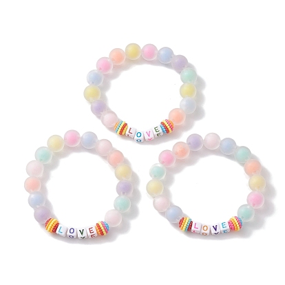 Waxberry & Round Frosted Resin Beaded Stretch Bracelets, Word Love Acrylic Cube Bracelets for Women