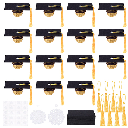 150 Décoration de chapeau de graduation en papier (pièces), pour les décorations de gâteaux, avec des pompons en polyester et des boutons-pression en plastique