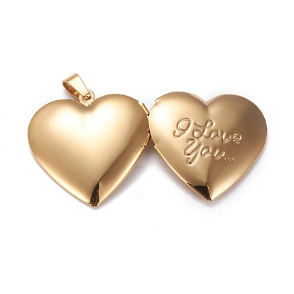 Valentine's Day 304 Stainless Steel Locket Pendants, Photo Frame Charms for Necklaces, Heart with Word I Love You