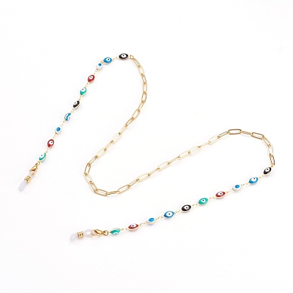 Eyeglasses Chains, Neck Strap for Eyeglasses, with Brass Enamel Evil Eye Links, Paperclip Chains and Rubber Loop Ends, Golden