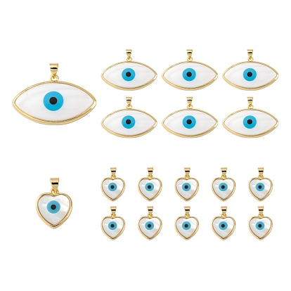4Pcs 2 Style Natural River Shell Pendants, with Jump Rings and Golden Plated Brass Findings, Heart & Evil Eye