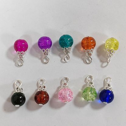 10pcs pendentifs en perles de verre craquelées, pendentifs rondelles, avec des épingles à tête plate en fer