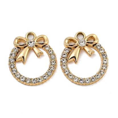 UV Plating Alloy Rhinestone Pendants, Flat Round with Bowknot