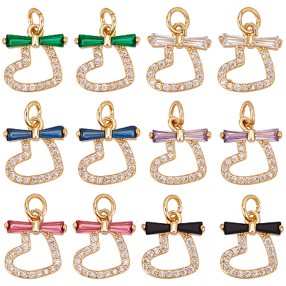 12Pcs 6 Colors Rack Plating Brass Micro Pave Cubic Zirconia Charms, Real 18K Gold Plated, Heart