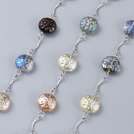 Handmade Electroplated Glass Beaded Chains, with 304 Stainless Steel Finding, Flat Round, Unwelded