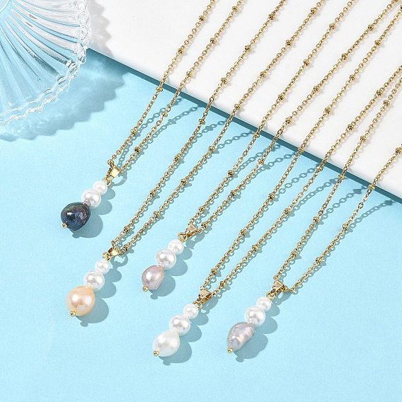 Подвеска из натурального культивированного пресноводного жемчуга и круглых жемчужин в раковинах 304 цепочка-спутник из нержавеющей стали для женщин, вакуумное покрытие pvd, долговечный, смешанные окрашенные и неокрашенные, разноцветные
