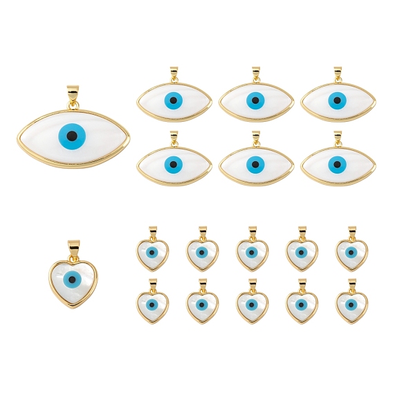 4Pcs 2 Style Natural River Shell Pendants, with Jump Rings and Golden Plated Brass Findings, Heart & Evil Eye