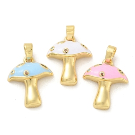 Brass Micro Pave Cubic Zirconia Enamel Pendants, Mushroom Charms, Real 18K Gold Plated