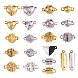 21Pcs 21 Styles Brass Magnetic Clasps with Loops, for Necklace Bracelet Jewelry DIY Crafts Making, Heart & Column & Round
