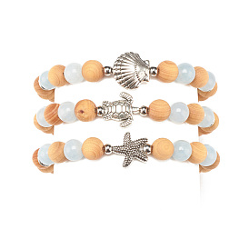3Pcs 3 Style Natural Chalcedony & Wood Beaded Stretch Bracelets Set with Starfish & Tortoise & Shell Alloy Charm, Yoga Jewelry for Women