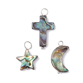 Natural Abalone Shell/Paua Shell Pendants, with Silver Color Plated Brass Loops, Star/Moon/Cross