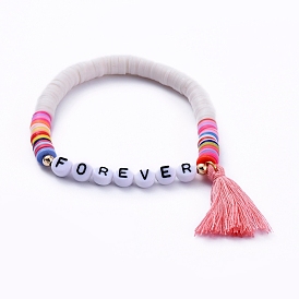 Bracelets de perles heishi en pâte polymère faites main, avec des perles en acrylique et des pampilles en fil de coton, toujours