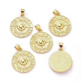 Brass Pendants, Cadmium Free & Lead Free, Long-Lasting Plated, Flat Round with Twelve Constellations