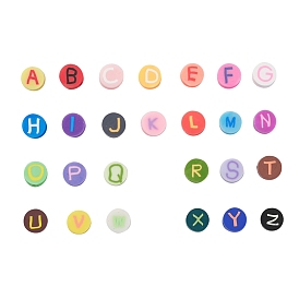 26Pcs 26 Style Handmade Polymer Clay Beads, Flat Round with Letter A~Z