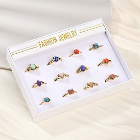 12шт. кольца из натуральной красной яшмы, малахита и синтетической бирюзы, Кольца из сплава в форме сердца, овала, треугольника, конского глаза и квадрата для женщин