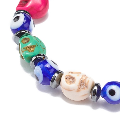 Lampwork Evil Eye & Dyed Synthetic Turquoise(Dyed) Skull Beaded Stretch Bracelets, Synthetic Hematite & Rhinestone Beads Bracelet for Women