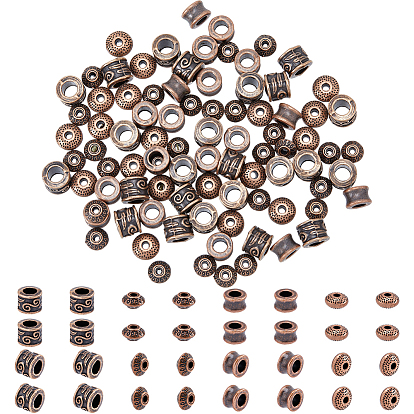 200Pcs 4 Style Tibetan Style Alloy Beads, Lead Free & Cadmium Free, Bicone & Rondelle & Column