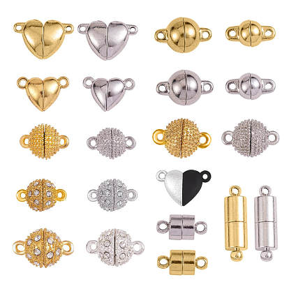 21Pcs 21 Styles Brass Magnetic Clasps, for Necklace Bracelet Jewelry DIY Crafts Making, Heart & Column & Round