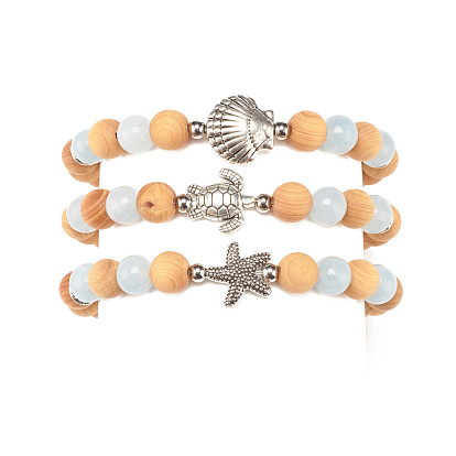 3Pcs 3 Style Natural Chalcedony & Wood Beaded Stretch Bracelets Set with Starfish & Tortoise & Shell Alloy Charm, Yoga Jewelry for Women