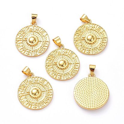 Brass Pendants, Cadmium Free & Lead Free, Long-Lasting Plated, Flat Round with Twelve Constellations