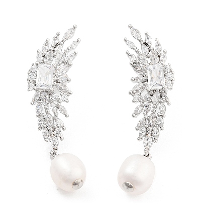 Серьги-пусеты из латуни с микропаве и прозрачным фианитом, с натуральной жемчужиной, без кадмия и без свинца, долговечный, крыло